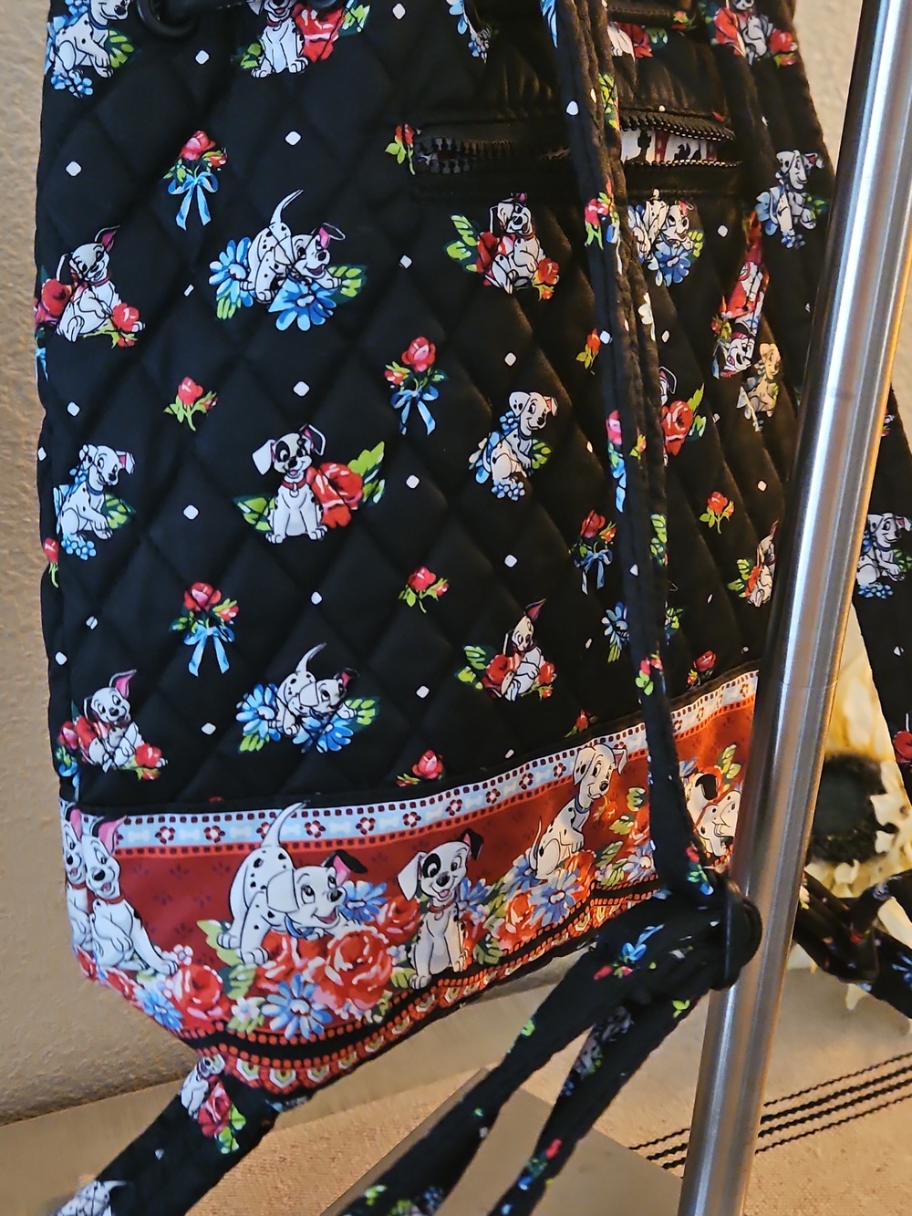 Disney Vera Bradley Quilted Black Floral Backpack Tote with 101 Dalmation  Print - Picture 2 of 14